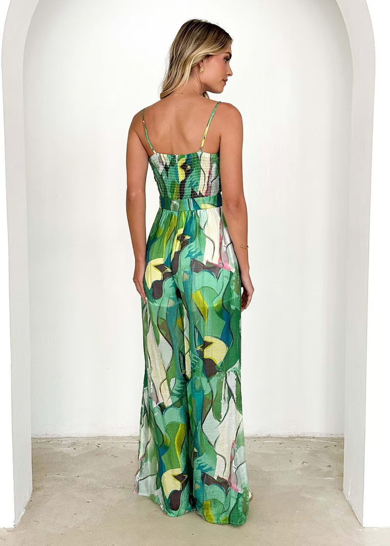 Annalise Chic Printed Suspender Strap Long Dress