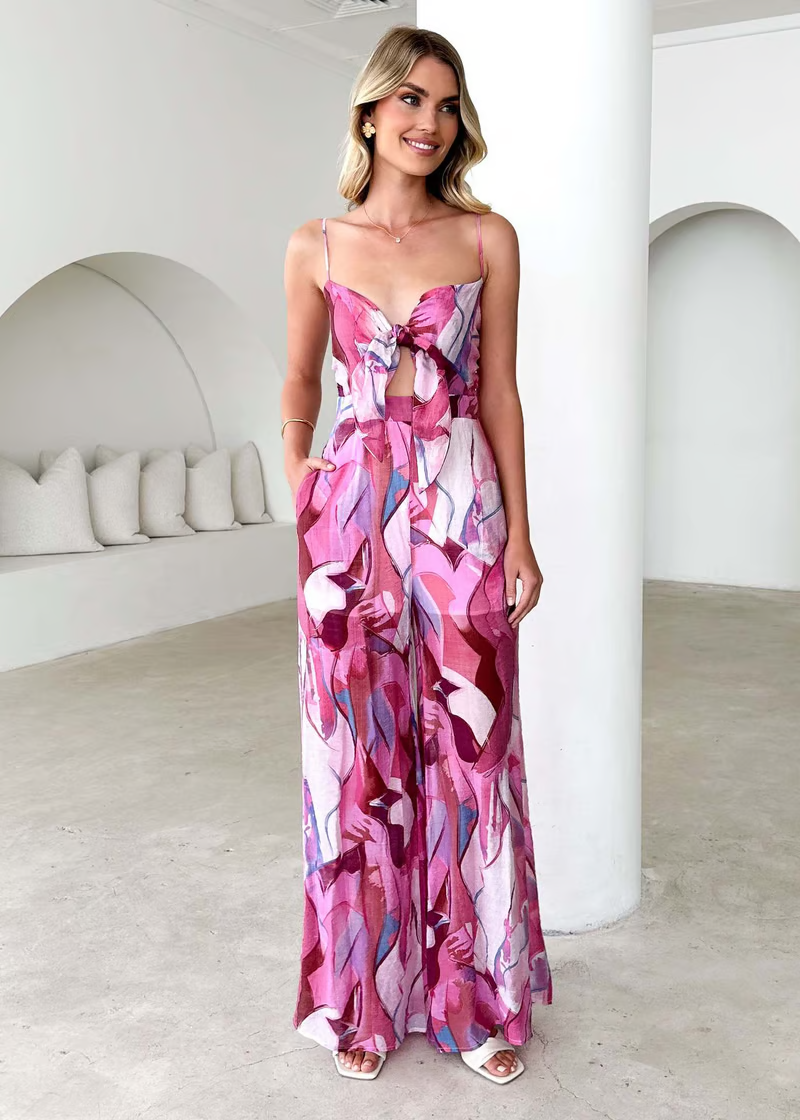 Annalise Chic Printed Suspender Strap Long Dress