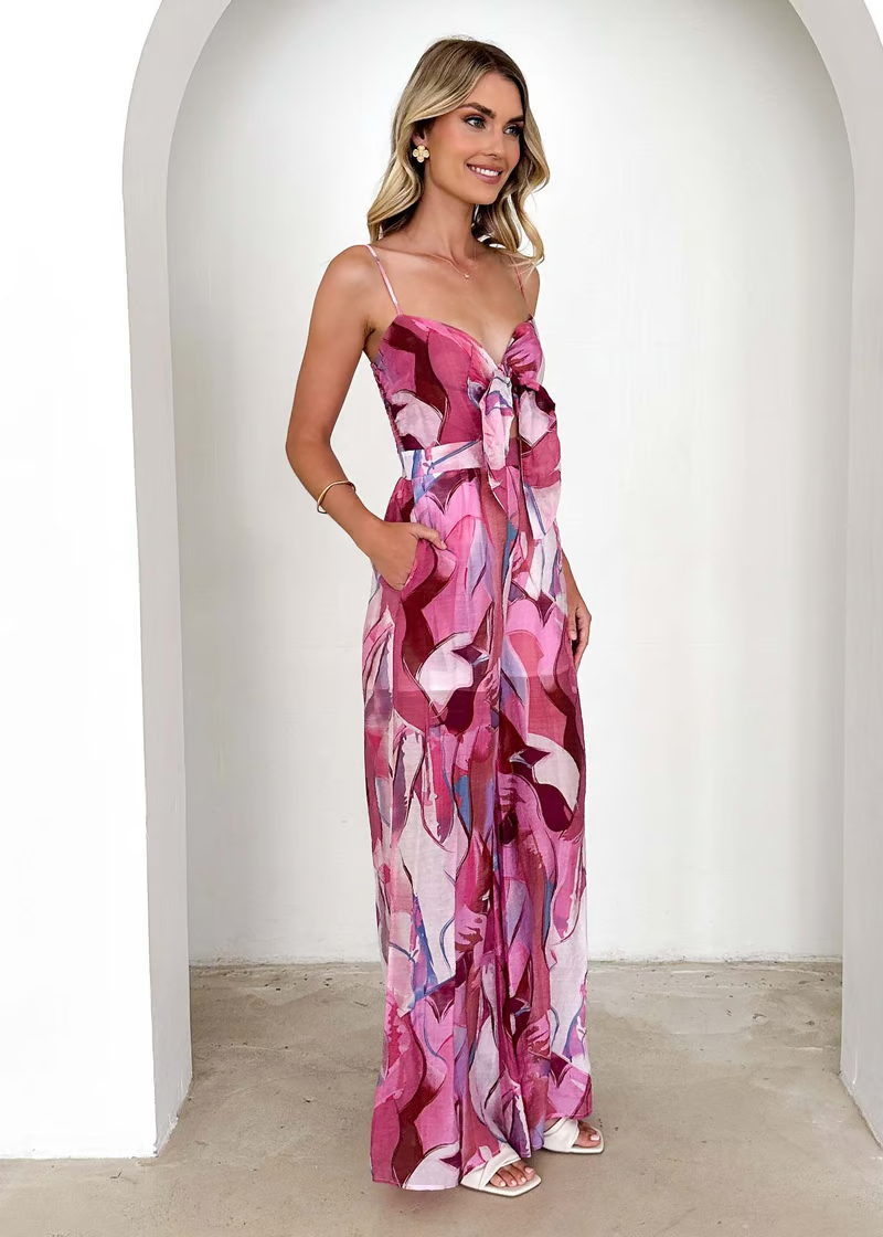 Annalise Chic Printed Suspender Strap Long Dress