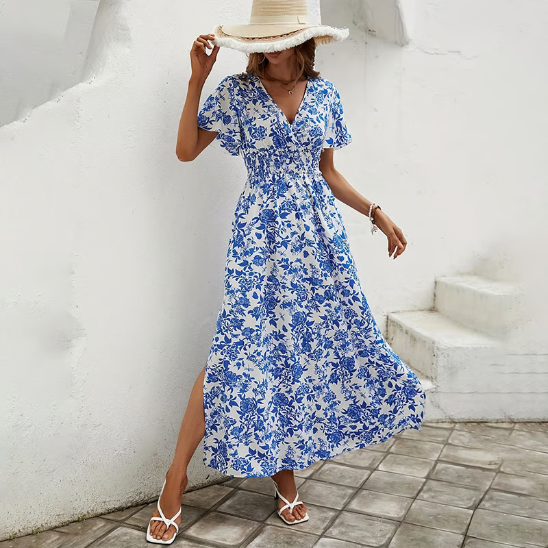Bea Bohemian V Neck Blue Beach Dress – Women’s fashion piece