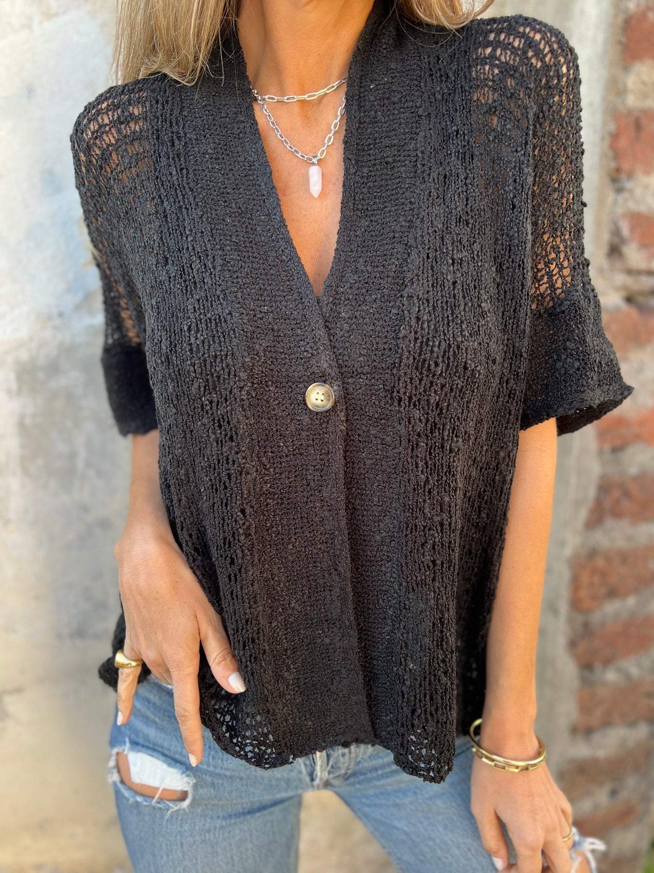 Tindra V Neck Hollow Out Knit Top