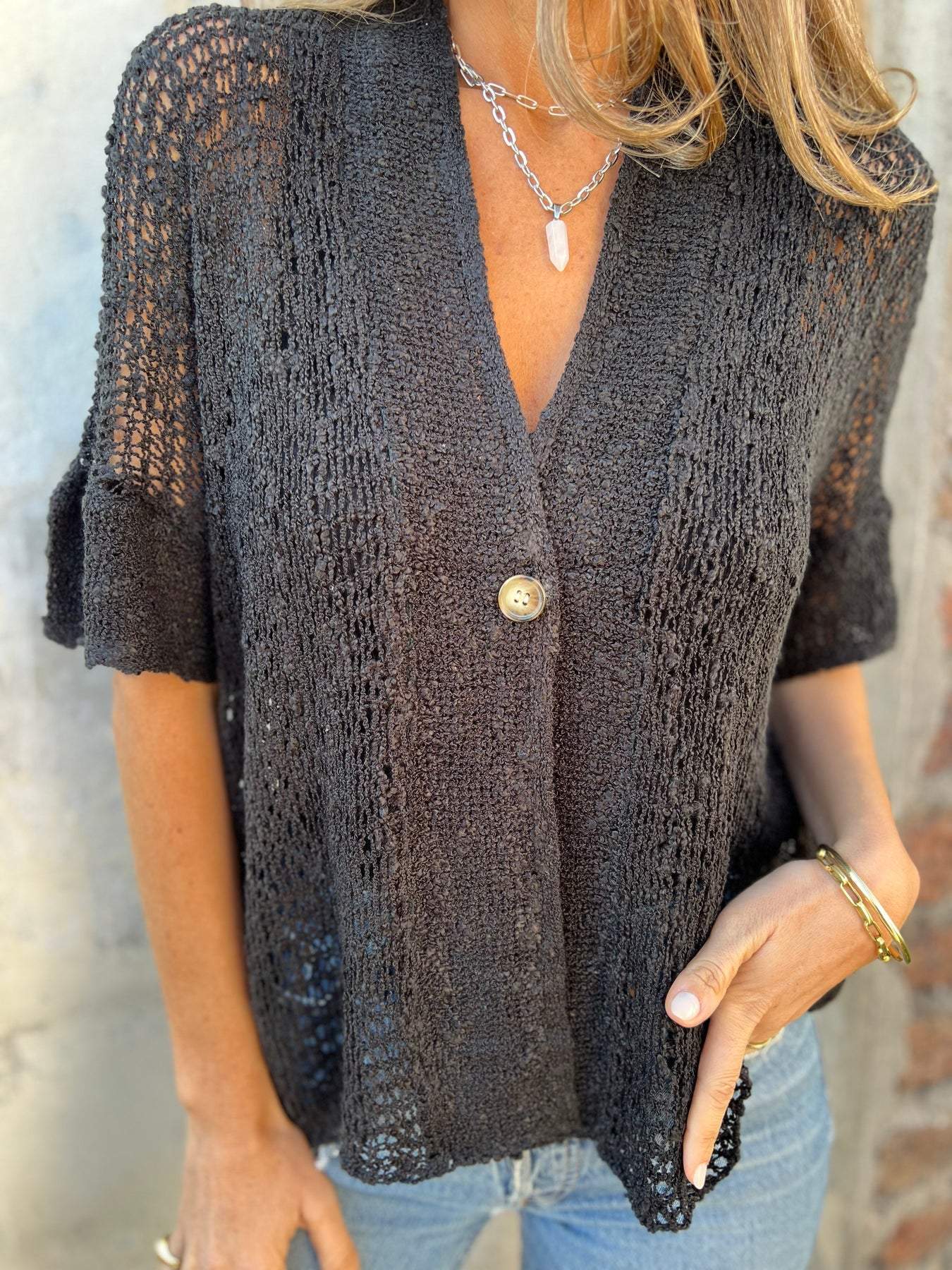 Tindra V Neck Hollow Out Knit Top