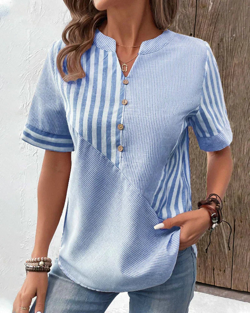 Jenny Linen Cotton Striped Summer Button Top