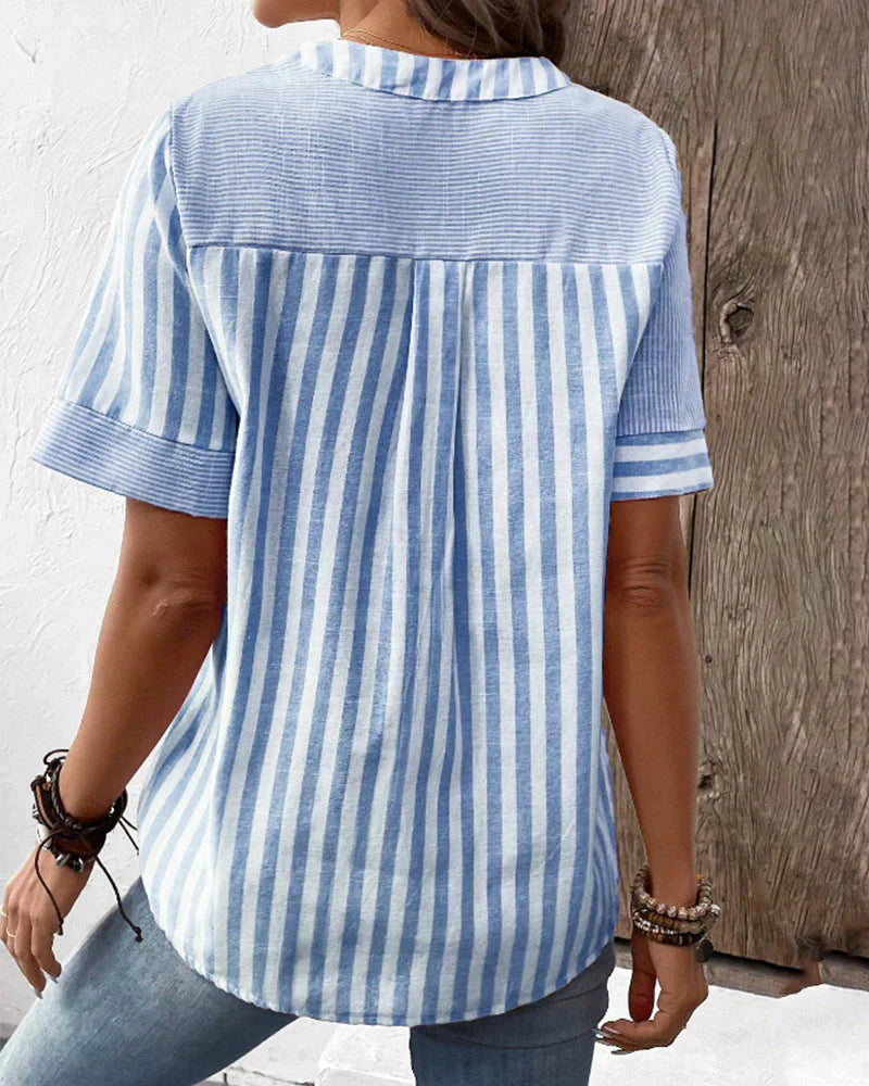 Jenny Linen Cotton Striped Summer Button Top