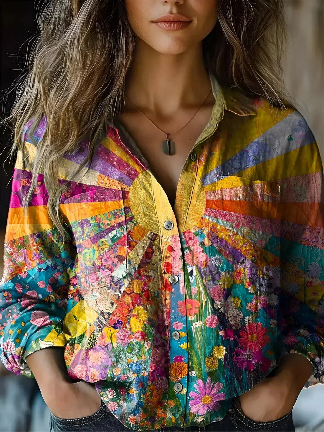 Amora Sunrise Floral Patchwork Blouse – Women’s fashion piece