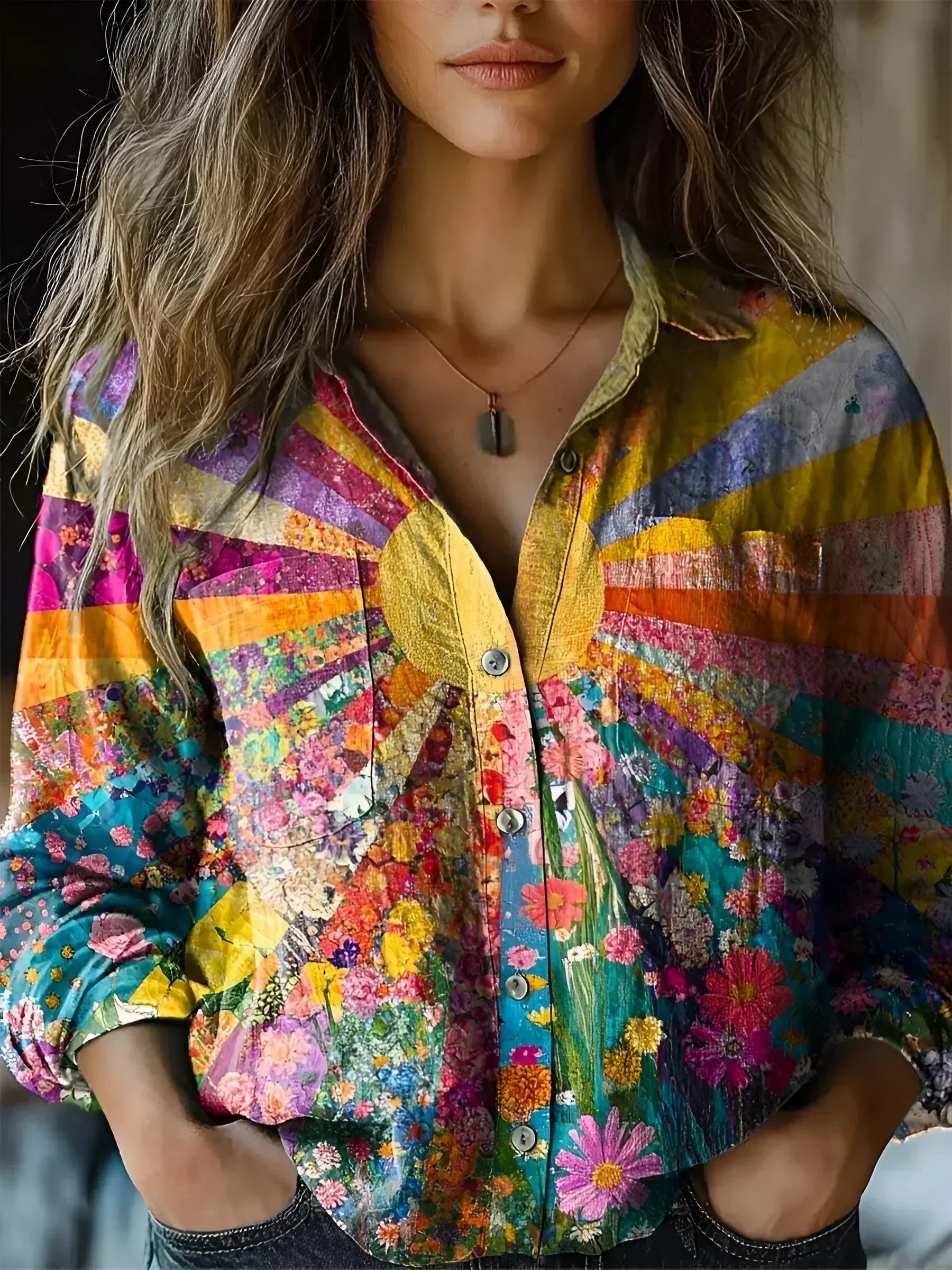 Amora Sunrise Floral Patchwork Blouse – Women’s fashion piece