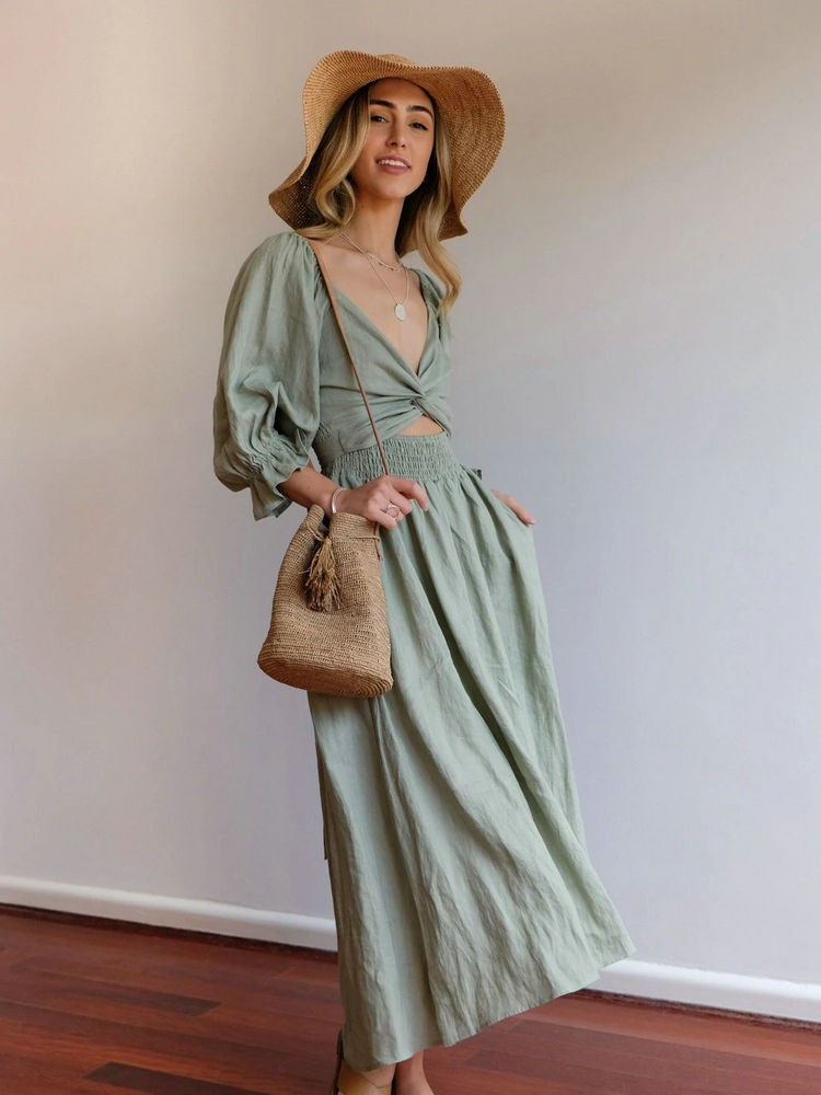 Aviana Elegant Reversible Puff Sleeve Maxi Dress