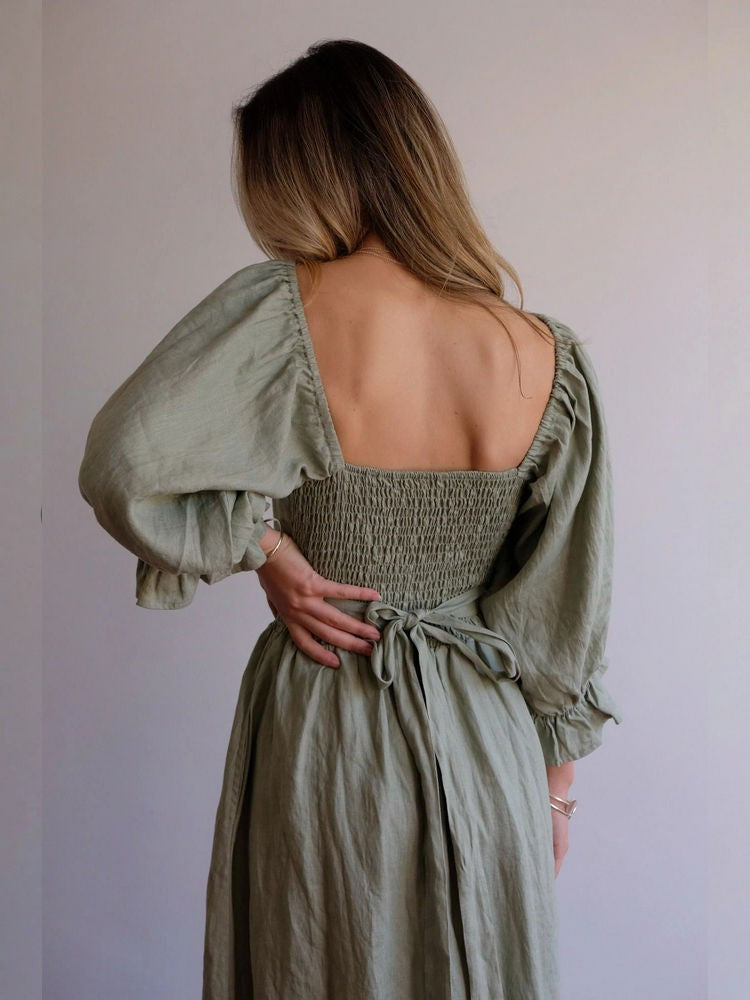 Aviana Elegant Reversible Puff Sleeve Maxi Dress