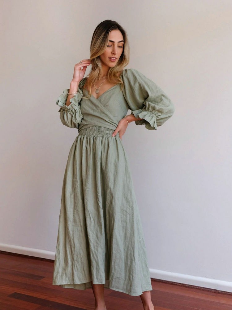 Aviana Elegant Reversible Puff Sleeve Maxi Dress