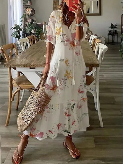 Sophia Boho Vintage V Neck Summer Dress