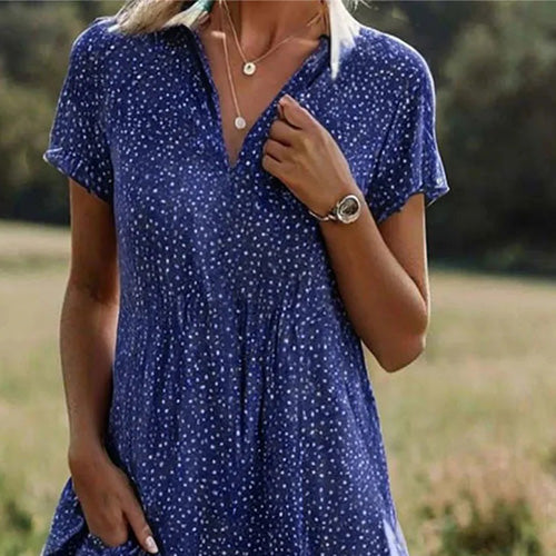 Azalea Loose V Neck Short Sleeve Printed Dress – Women’s fashion piece